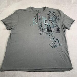 Modern Culture Shirt Mens 2XL Gray Henley Graphic Distressed Short Sleeve Casual